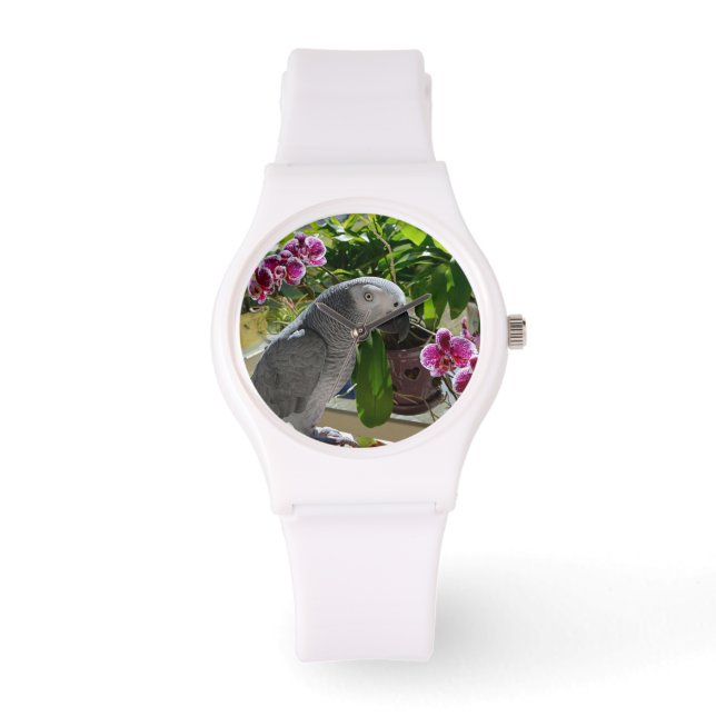 Afrikanischer Graupapagei mit Orchideen Armbanduhr (Vorderseite)
