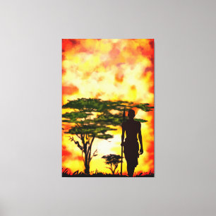 Afrikanischer Jäger mit Speer in Sonnenuntergang L Leinwanddruck