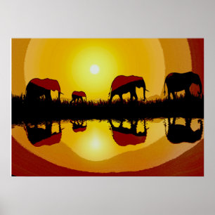 Afrikanischer Sonnenuntergang Elefanten Poster