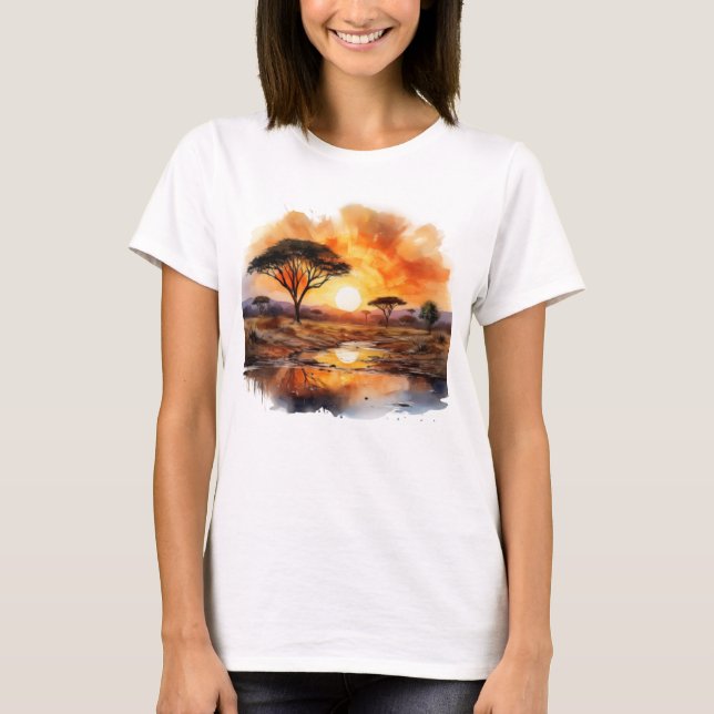 Afrikanischer Sonnenuntergang mit Acacia Trees T-Shirt (Vorderseite)