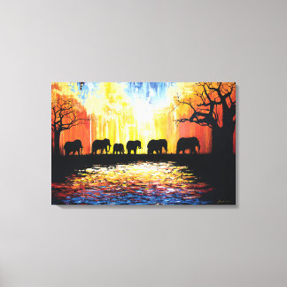 Afrikanischer Sonnenuntergang und Elefanten - Ölma Leinwanddruck