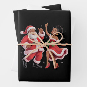 Afrikanischer Weihnachtsmann Frau Claus Tanzend Am Geschenkpapier Set