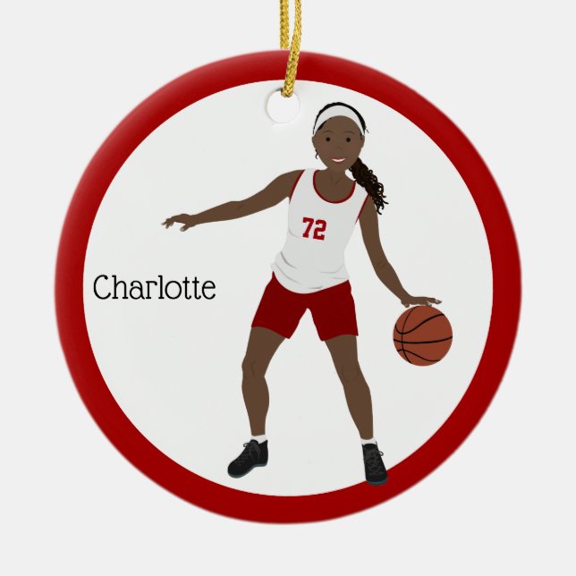 Afrikanisches amerikanisches BasketballGirl in Rot Keramik Ornament (Vorne)