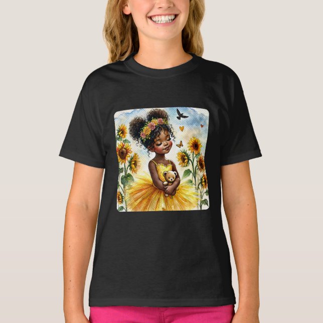 Afrikanisches amerikanisches Mädchen mit Sonnenblu T-Shirt (Vorderseite)