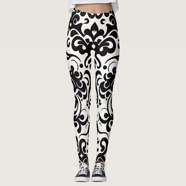 Afrikanisches Damaskus-Schwarz-weißes Muster Leggings (Vorderseite)