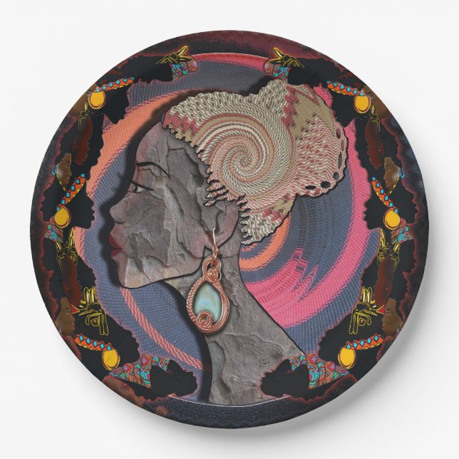Afrikanisches Frauenprofil auf einem gewebten Korb Pappteller (Vorderseite)