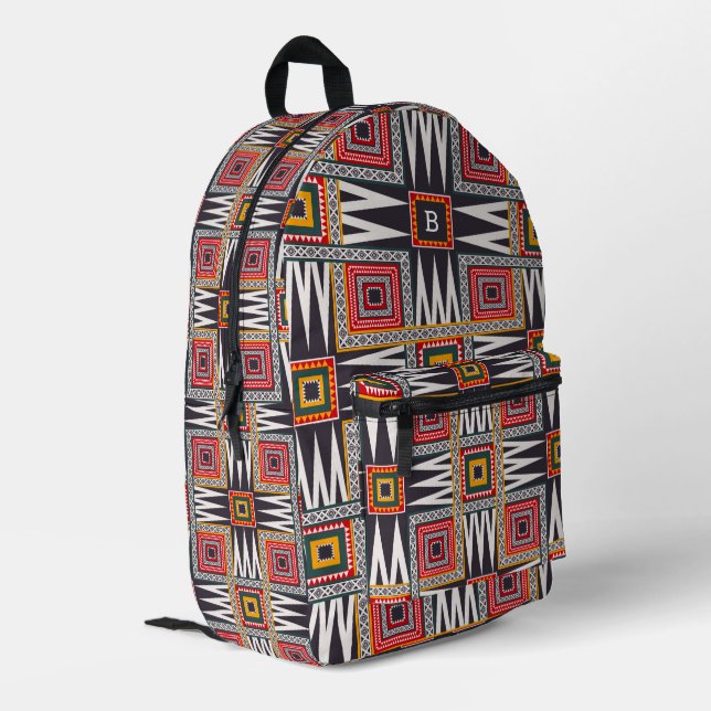 Afrikanisches geometrisches Muster, monogramm Bedruckter Rucksack (Rückseitige Ecke links)