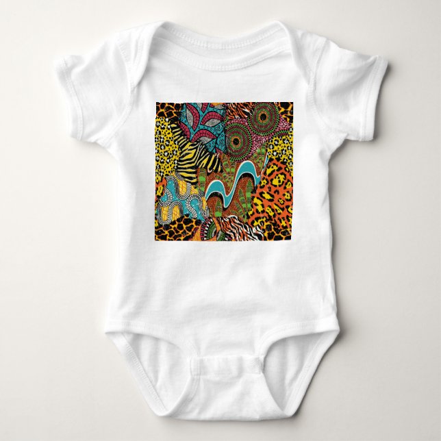 Afrikanisches Gewebe: Wildtierpatchwork. Baby Strampler (Vorderseite)