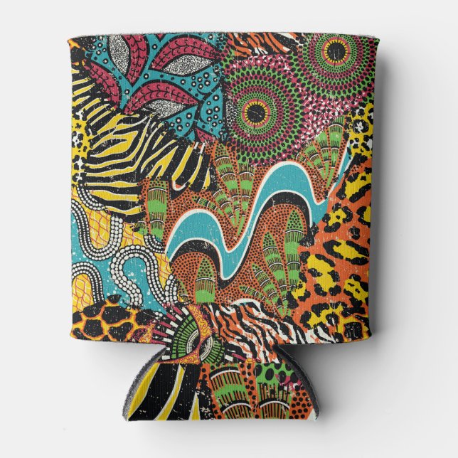 Afrikanisches Gewebe: Wildtierpatchwork. Dosenkühler (Vorderseite)
