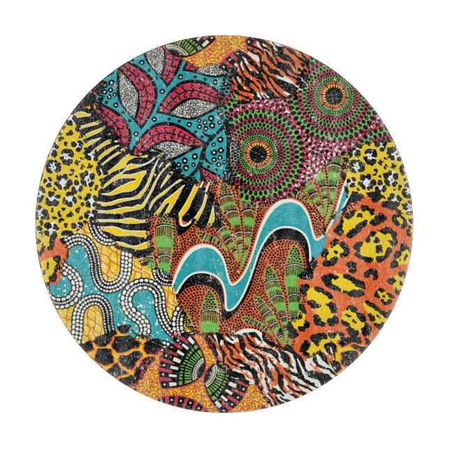 Afrikanisches Gewebe: Wildtierpatchwork. Schneidebrett (Vorderseite)