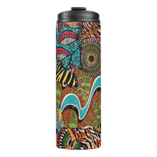 Afrikanisches Gewebe: Wildtierpatchwork. Thermosbecher