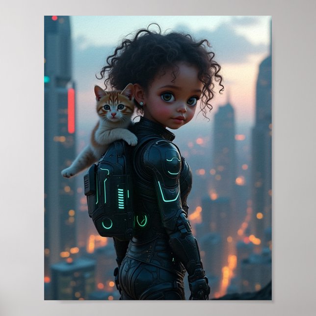 Afrikanisches kleines Mädchen mit ihrem Kätzchen Poster (Vorne)