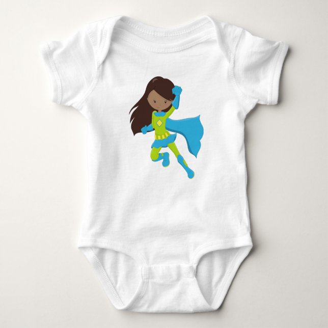 Afrikanisches Mädchen, Superhero Girl, Blue Cape Baby Strampler (Vorderseite)