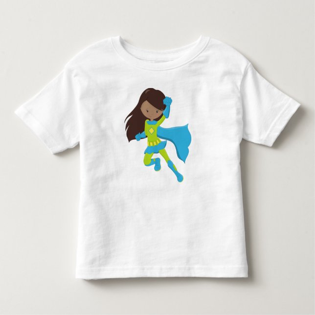 Afrikanisches Mädchen, Superhero Girl, Blue Cape Kleinkind T-shirt (Vorderseite)