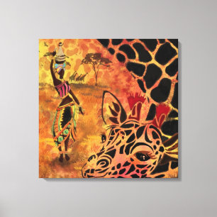 Afrikanisches Mädchen und Giraffe - Freunde - Kuns Leinwanddruck