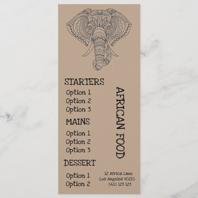 Afrikanisches Restaurantabendessenmenü Menükarte (Vorderseite)