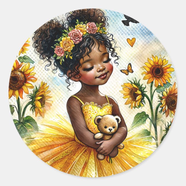 Afrikanisches Sonnenblumenmädchen mit Teddybär Runder Aufkleber (Vorderseite)