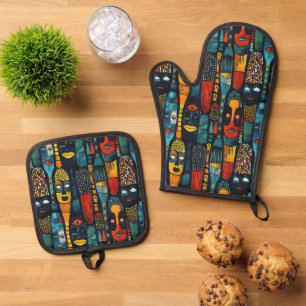 Afrikanisches Stammesmuster mit Idole. Ofenhandschuh & Topflappen-Set