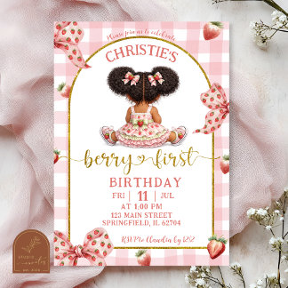 afro-afrikanisches Mädchen rosa Schleife Erdbeere  Einladung
