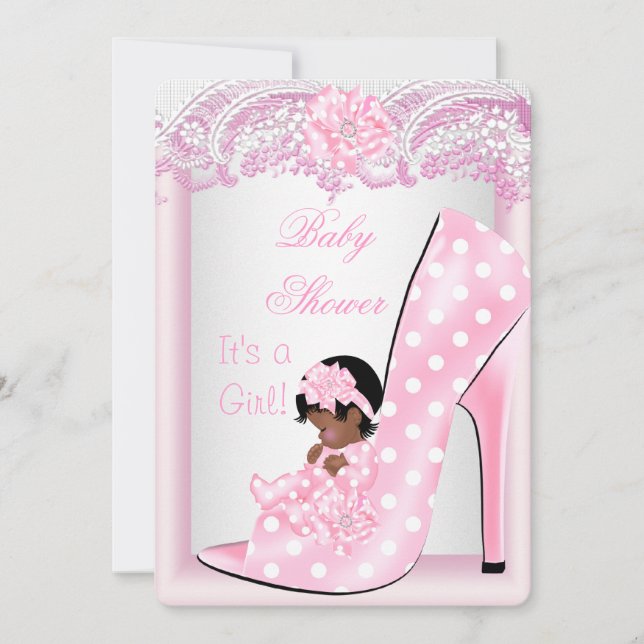Afro American Baby Shower Girl Pink Babyschuh Einladung (Vorderseite)