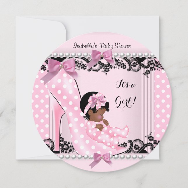 Afro American Baby Shower Girl Pink Polka Dots Einladung (Vorderseite)