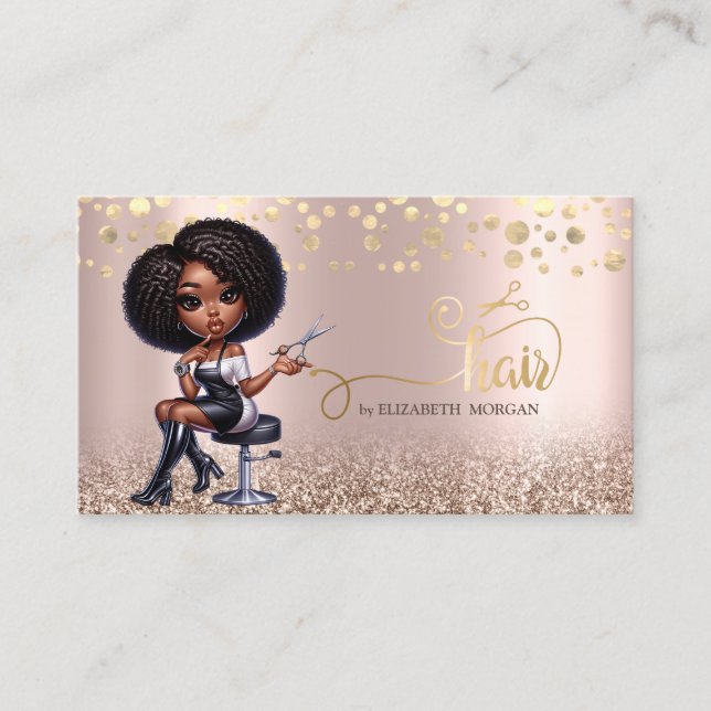 Afro American Woman Scissors Rose Gold Glitzer Visitenkarte (Vorderseite)