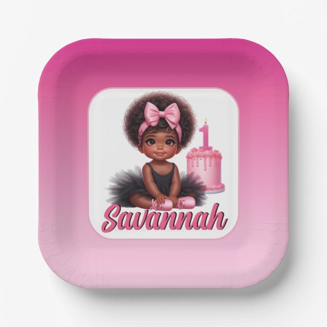 Afro-Babymädchen Rosa & Schwarzes Tutu 1. Geburtst Pappteller (Vorderseite)