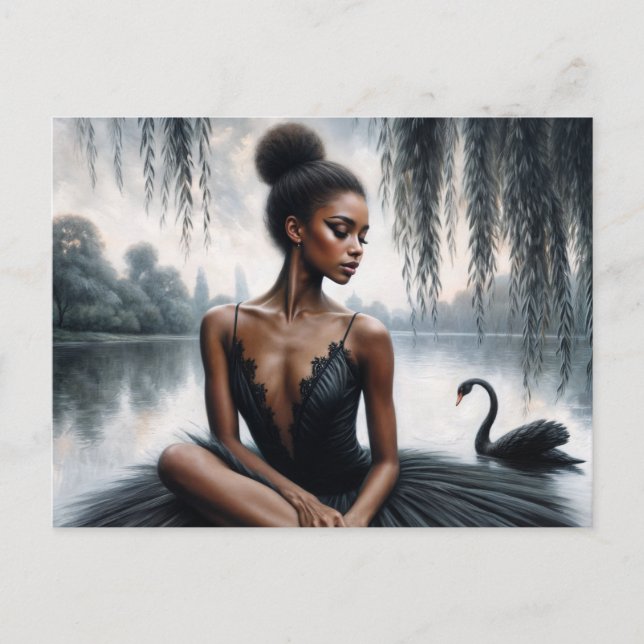 Afro Ballerina in Black Tutu mit Swan Moody Art Postkarte (Vorderseite)