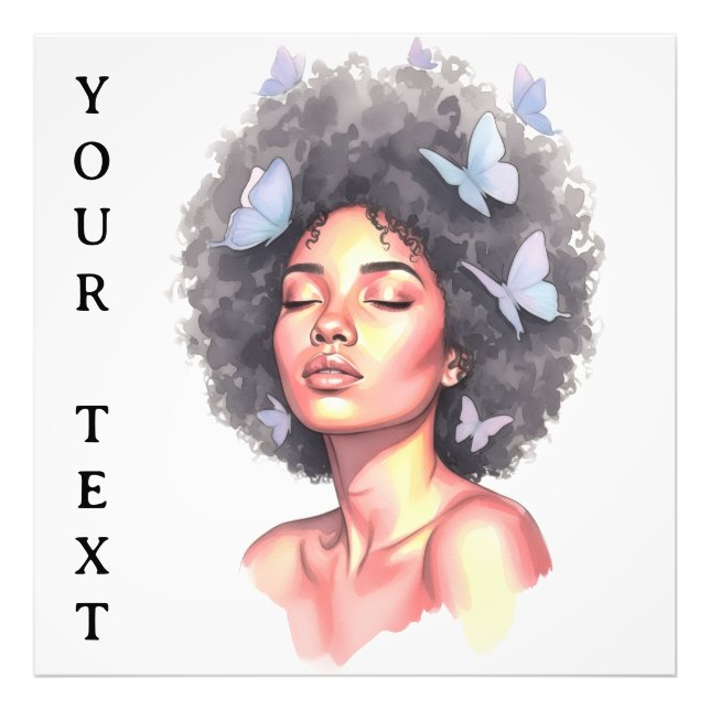 Afro Beauty with Butterflies – Watercolor Portrait Fotodruck (Vorne)