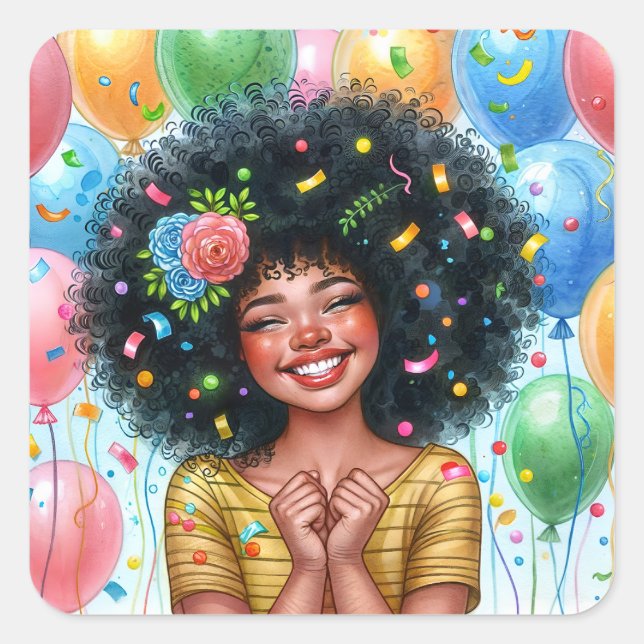 Afro Birthday Girl mit brauner Hautfarbe Quadratischer Aufkleber (Vorderseite)