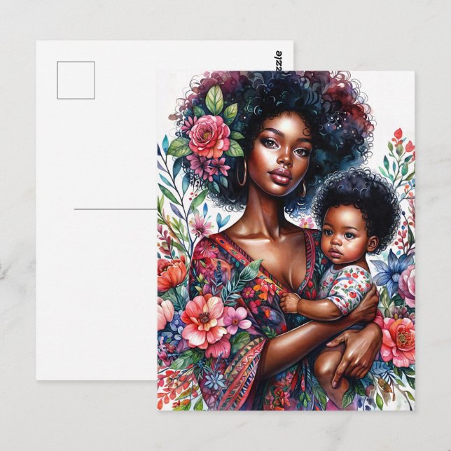 Afro Black Mother and Baby Floral Watercolor Postkarte (Vorne/Hinten)