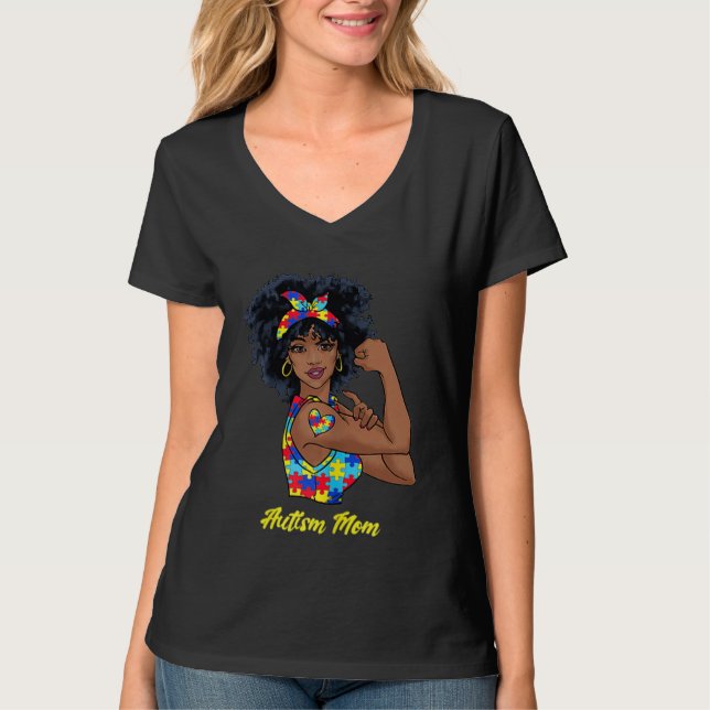Afro Black Woman Autism Mom Awareness Tattoo Jigsa T-Shirt (Vorderseite)