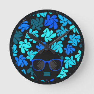 Afro Diva Blau Runde Wanduhr
