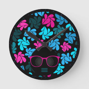 Afro Diva Türkis & Hot Pink Runde Wanduhr