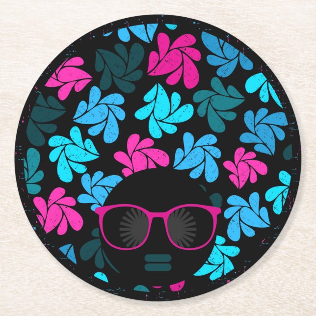 Afro Diva Turquoise & Hot Pink Runder Pappuntersetzer (Vorderseite)