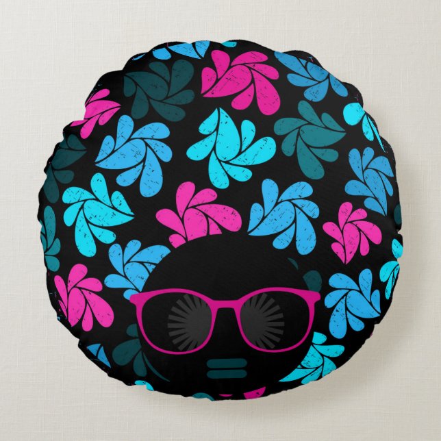 Afro Diva Turquoise & Hot Pink Rundes Kissen (Vorderseite)