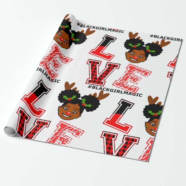 Afro Girl, Rentier, Rote Nase, Weihnachten, Schwar Geschenkpapier (Ungerollt)