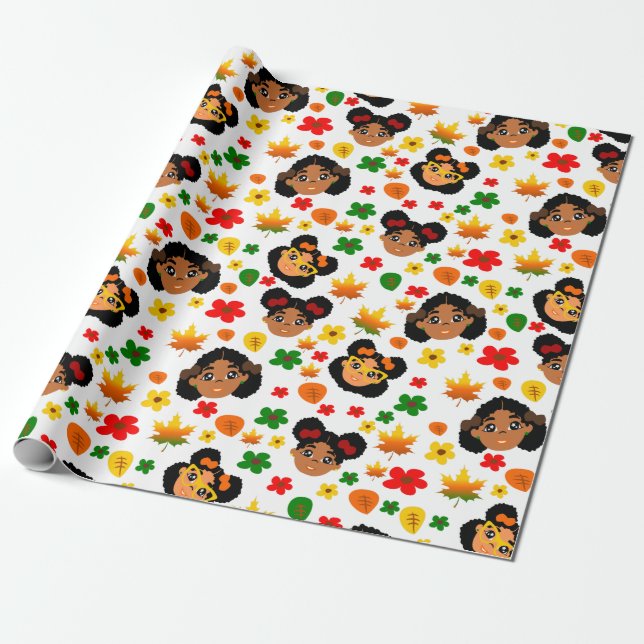 Afro Girls Fall Herbst Thankgiving Wrapping Paper Geschenkpapier (Ungerollt)