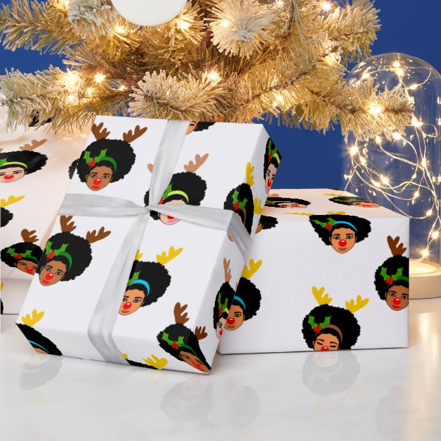 Afro Girls Santa Reindeer Weihnachtsrot Geschenkpapier (Feiertage)