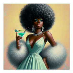 Afro Glam Schwarze Frau Retro-Cocktail-Wandkunst Poster