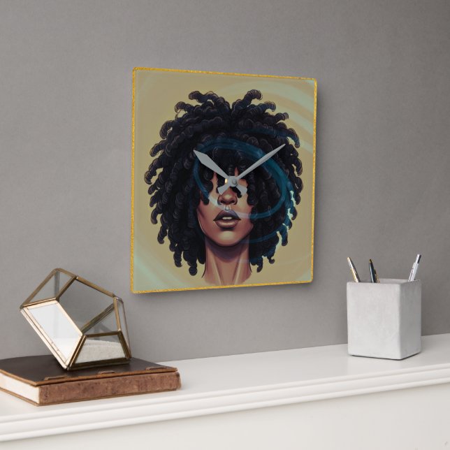 Afro Glow Wall Clock – Modern Black Art Quadratische Wanduhr (Büro)