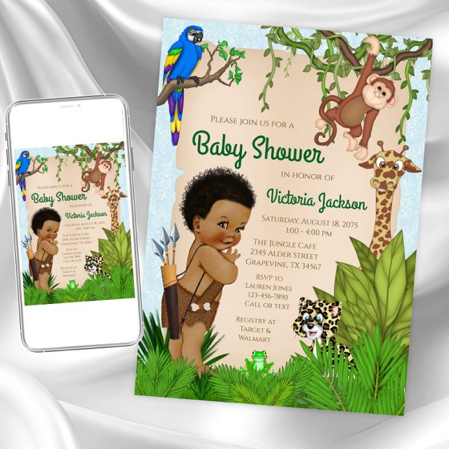Afro Hair Boy Safari Kinderdusche Einladung (Boy safari baby shower invitation. Instant download and printed invitations available.)