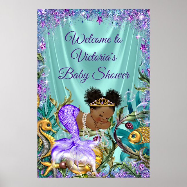 Afro Mermaid Baby Dusche Begrüßungszeichen Poster (Vorne)