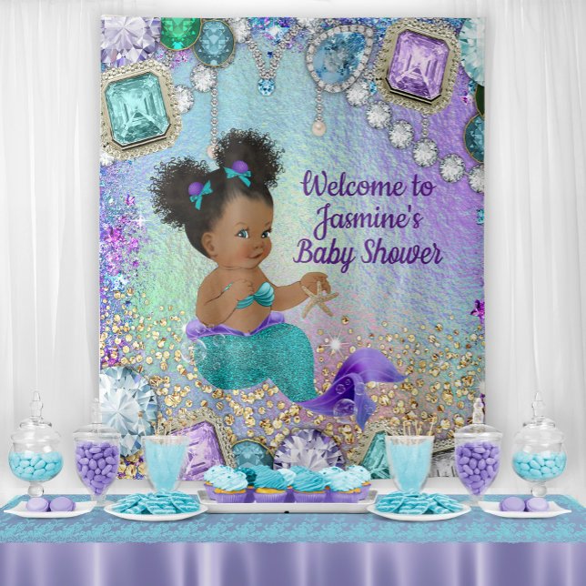 Afro Mermaid Babydusche Hintergrund Wandteppich (Add your own text, font style, font color for your event.)