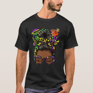 Afro Messy Bun Happy Mardi Gras Black Women Carniv T-Shirt