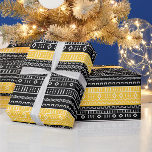Afro Pop Modernes Mud Cloth Schwarz, Weiß & Gold Geschenkpapier