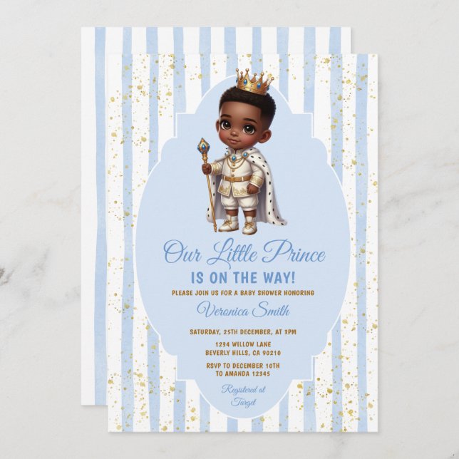 Afro Prince is on the way Blue Baby Shower Crown Einladung (Vorne/Hinten)