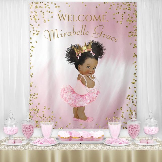 Afro Princess Baby Showbanner Wandteppich (Cute pink and gold princess baby shower backdrop. Simply add your own text.)