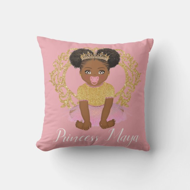 Afro Princess Girl mit Tutu und Goldkronen Kissen (Vorderseite)