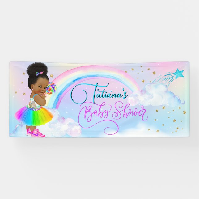Afro Puff Baby Girl Pastel Rainbow Baby Dusche Banner (Horizontal)